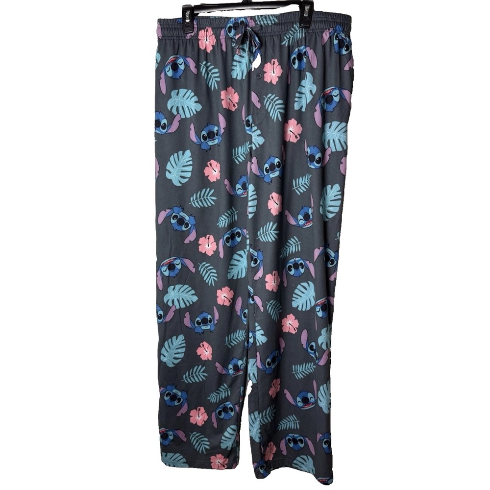 Disney Stitch Pajama Lounge Pants Size XL Drawstring Tropical Stretch Gray Blue
